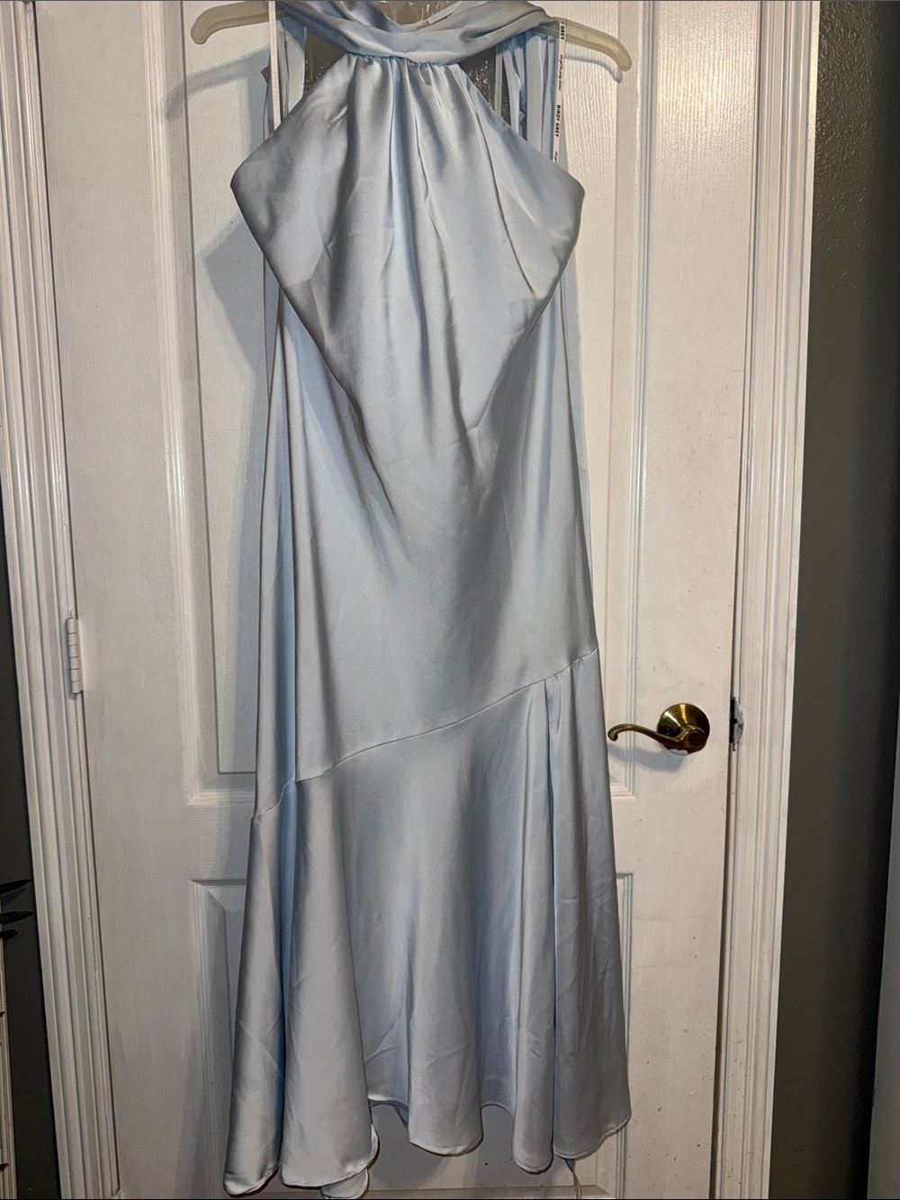 Birdy Grey Mist Blue Halter Satin Maxi Dress